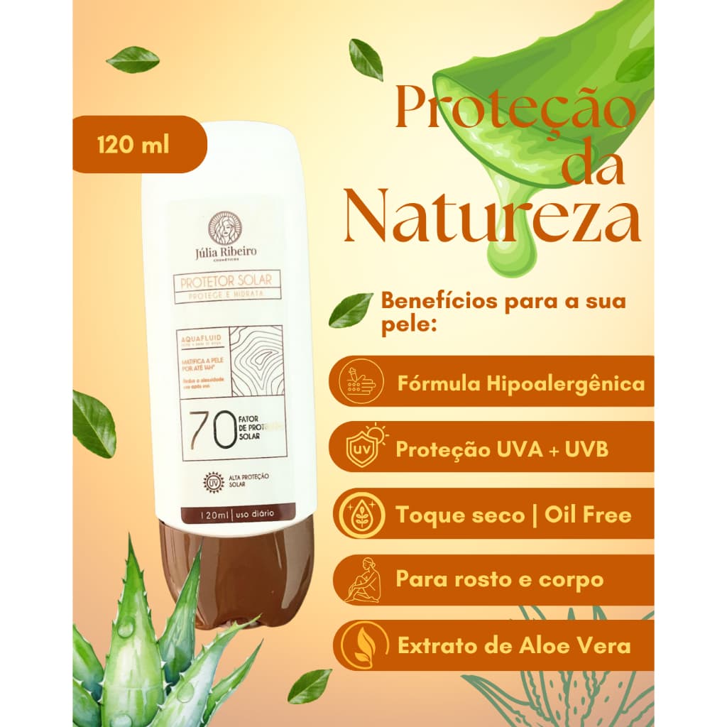 PROTETOR SOLAR JULIA RIBEIRO 70 FPS, FACIAL E CORPORAL TOQUE SECO - 120ml