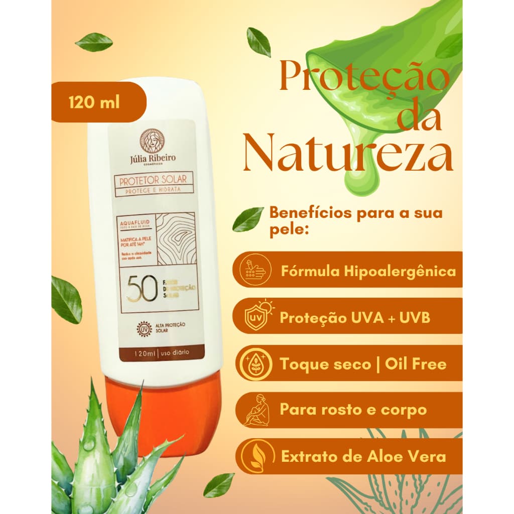 PROTETOR SOLAR JULIA RIBEIRO 50 FPS, FACIAL E CORPORAL TOQUE SECO - 120mlE