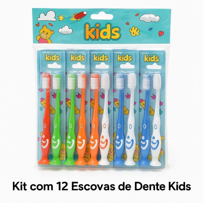kit com 12 Escovas De Dente Infantil - Escova Dente Kids - Cores Sortidas - Cerdas Macias Atacado