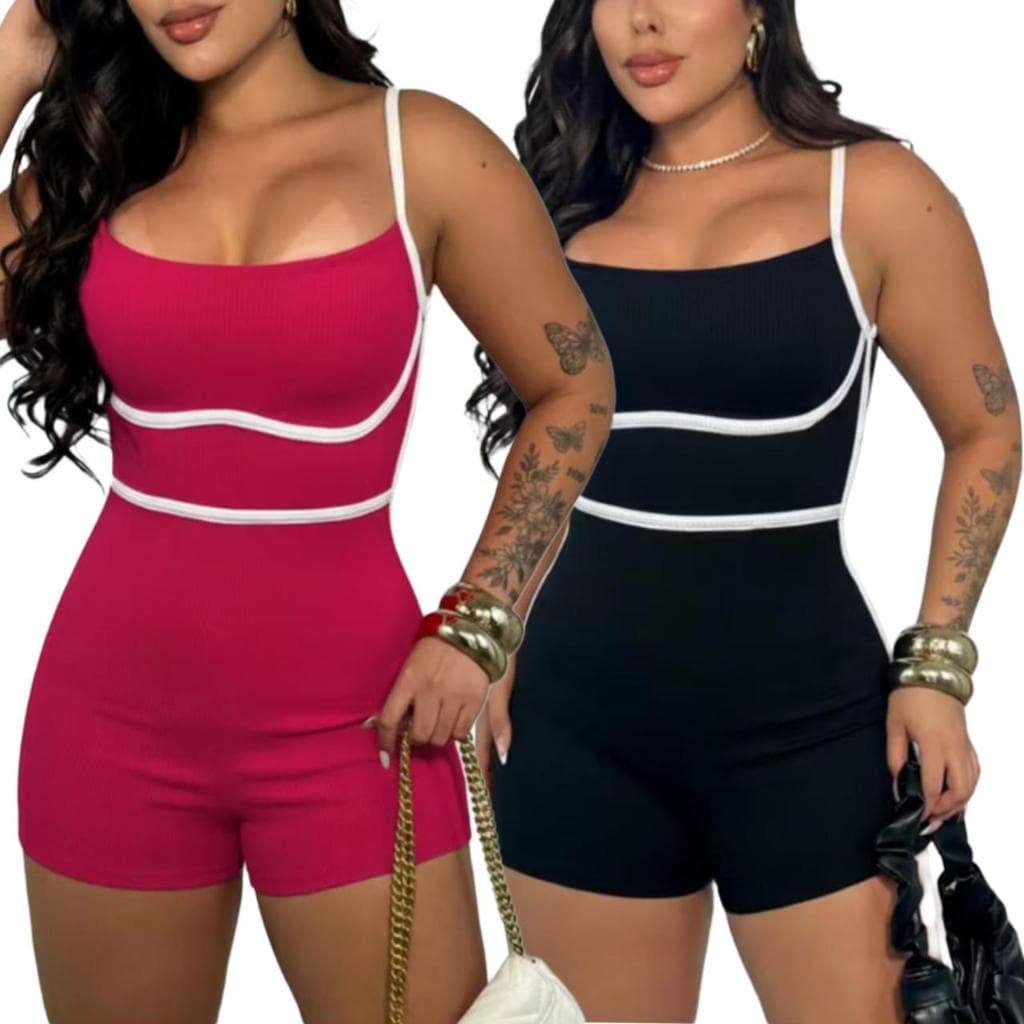 Kit 2 Macacão Curto Alcinha Com Bojo Bicolor Alta Qualidade