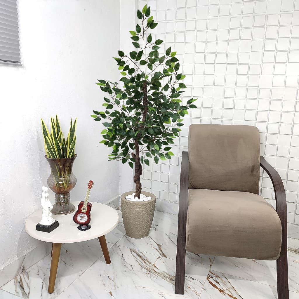 Ficus Artificial 160cm Folhas Verde de Silicone Vaso Pedra