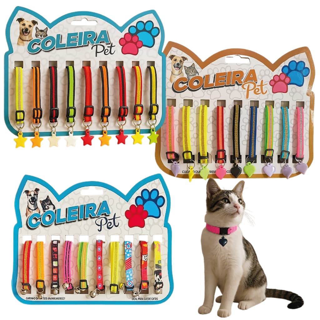 Cartela 10 Coleiras Para Gatos Cores Diversas E Estampas Pet