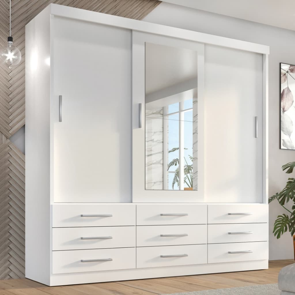 Guarda Roupa Casal Capri 3 Portas Correr 9 Gavetas Com Espelho