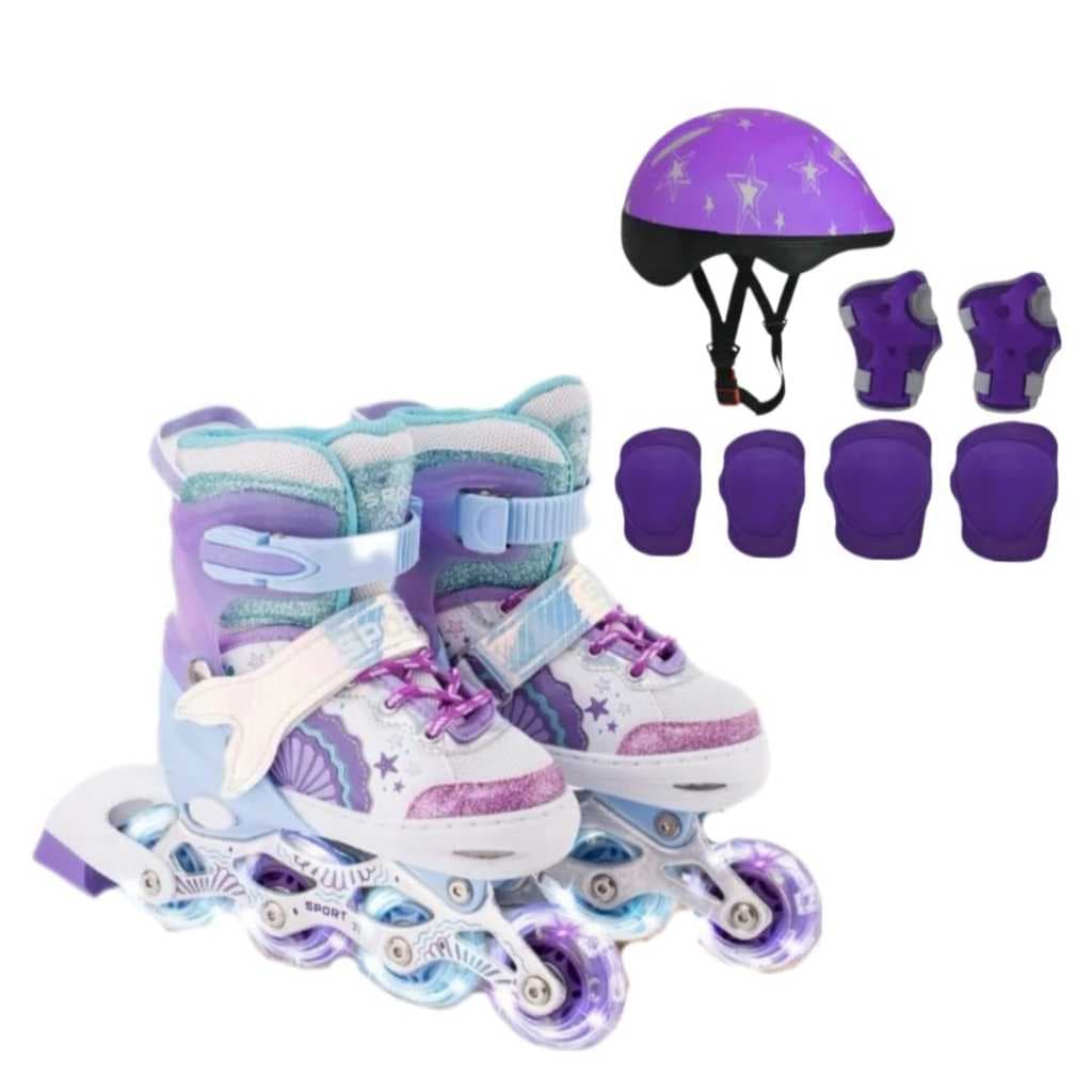 Patins Roller Sereia Com Led Roxo + Kit Proteção