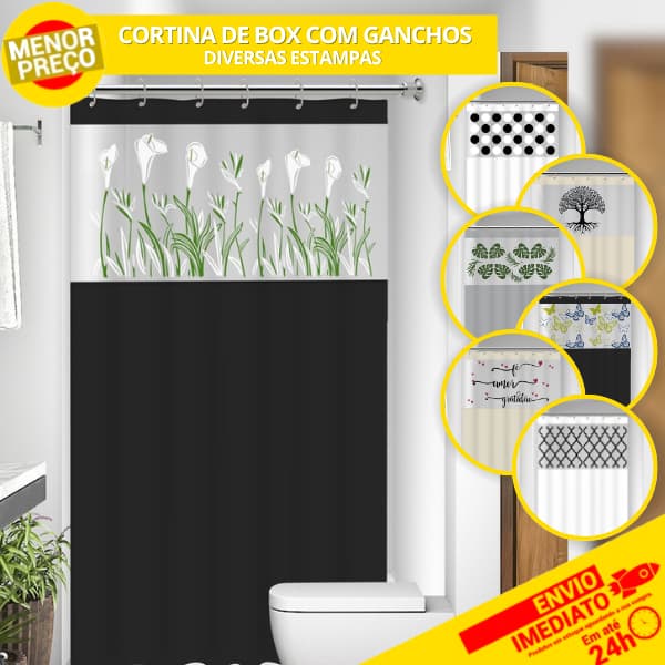 Cortina Box Com Visor Transparente Estampado Banheiro c/ Ganchos Antimofo Resistente Alta Qualidade