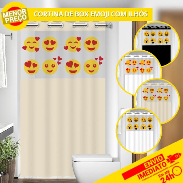Cortina Box Emoji Divertido e Coração c/ Visor Banheiro AntiMofo Resistente Alta Qualidade Ilhós PVC
