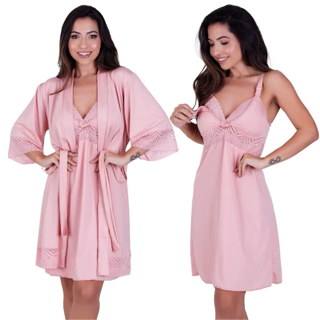 KIT CAMISOLA AMAMENTAÇÃO E ROBE CONJUNTO, SAÍDA MATERNIDADE, PÓS PARTO MAMÃE E BEBÊ.