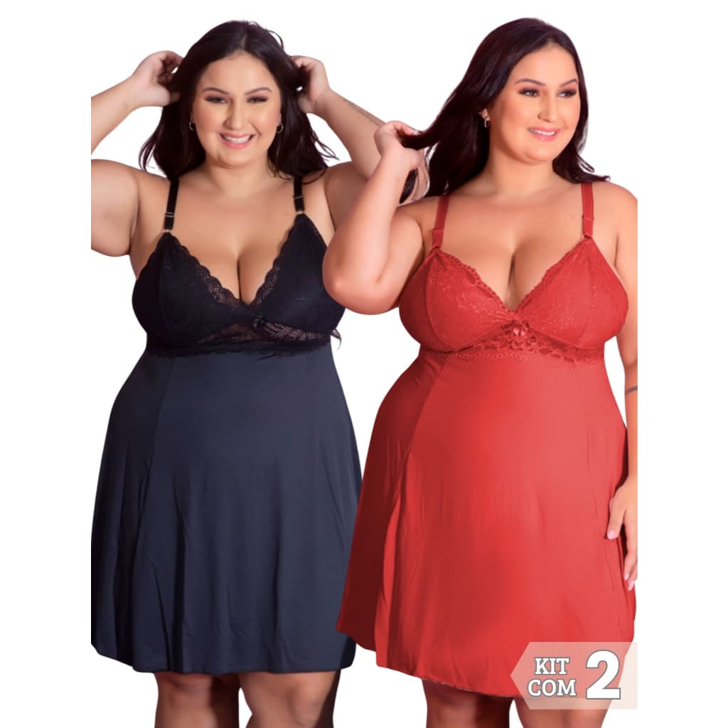 Kit 2 Camisolas Plus Size Alças Reforçadas Renda Grande Microfibra Sexy Confortável