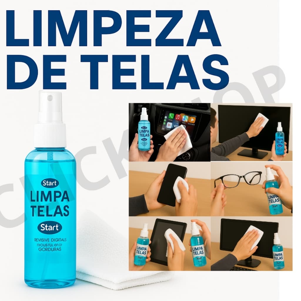 Super KIT Limpa Tela 120ml + Pano Microfibra Start Removedor Sujeira Digitais Telas Rápido e Fácil