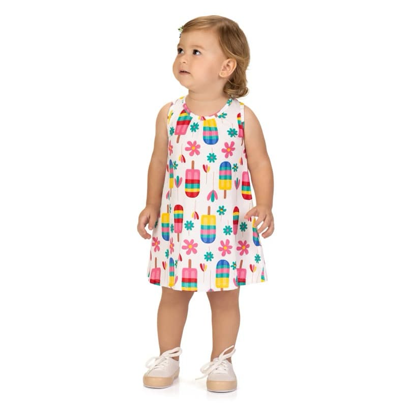 Vestido Infantil Kyly em Meia Malha Com Alças Colorido Picolé e flores