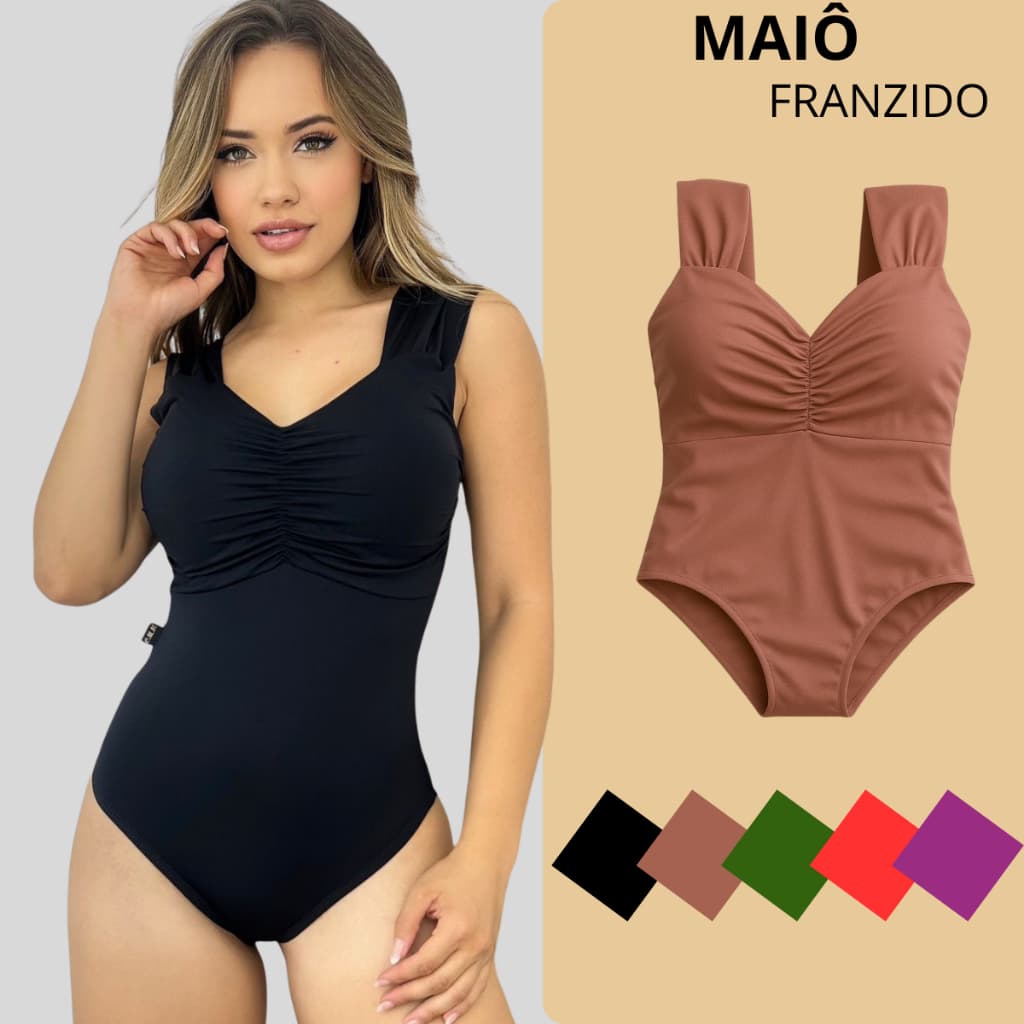 Maiô Body Feminino Moda Praia Bojo Franzido Alça Larga Forrado De Banho