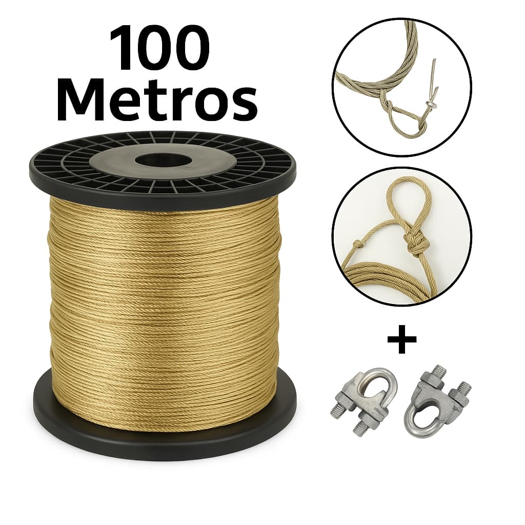 Bobina 100m + 2 Clips Varal Cabo de Aço Reforçado Revestido Antiferrugem