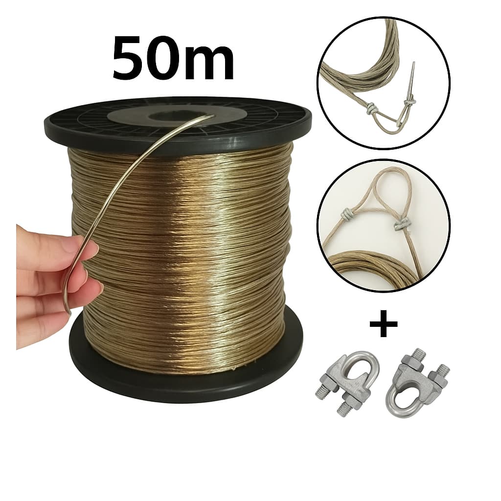 BOBINA COM 50 METROS + 2 CLIPS VARAL CABO DE AÇO REFORÇADO REVESTIDO'