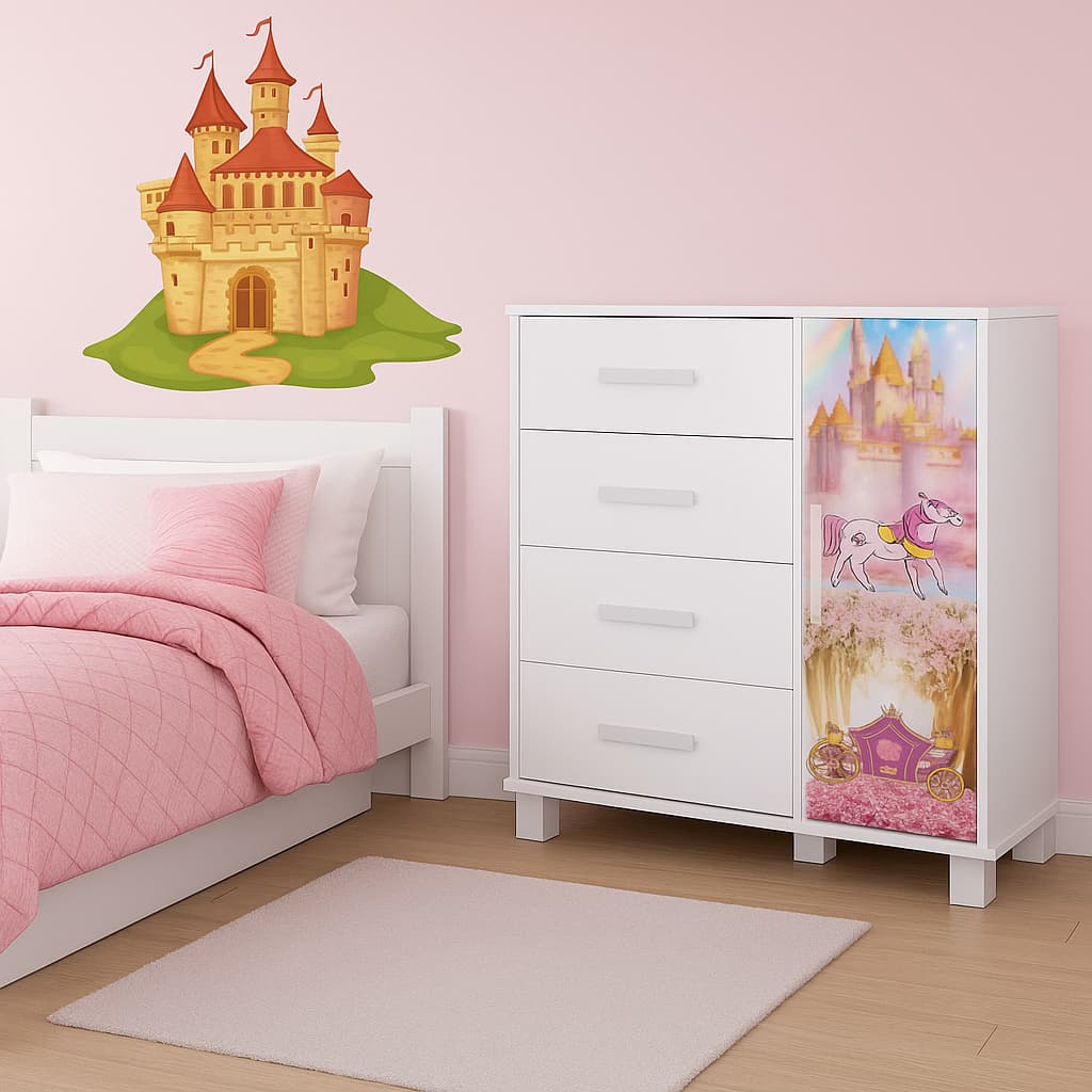 Cômoda Lívia Carros Princesas Infantil 4 Gavetas Com Porta 100% MDF Adesivada Quarto Menina e Menino