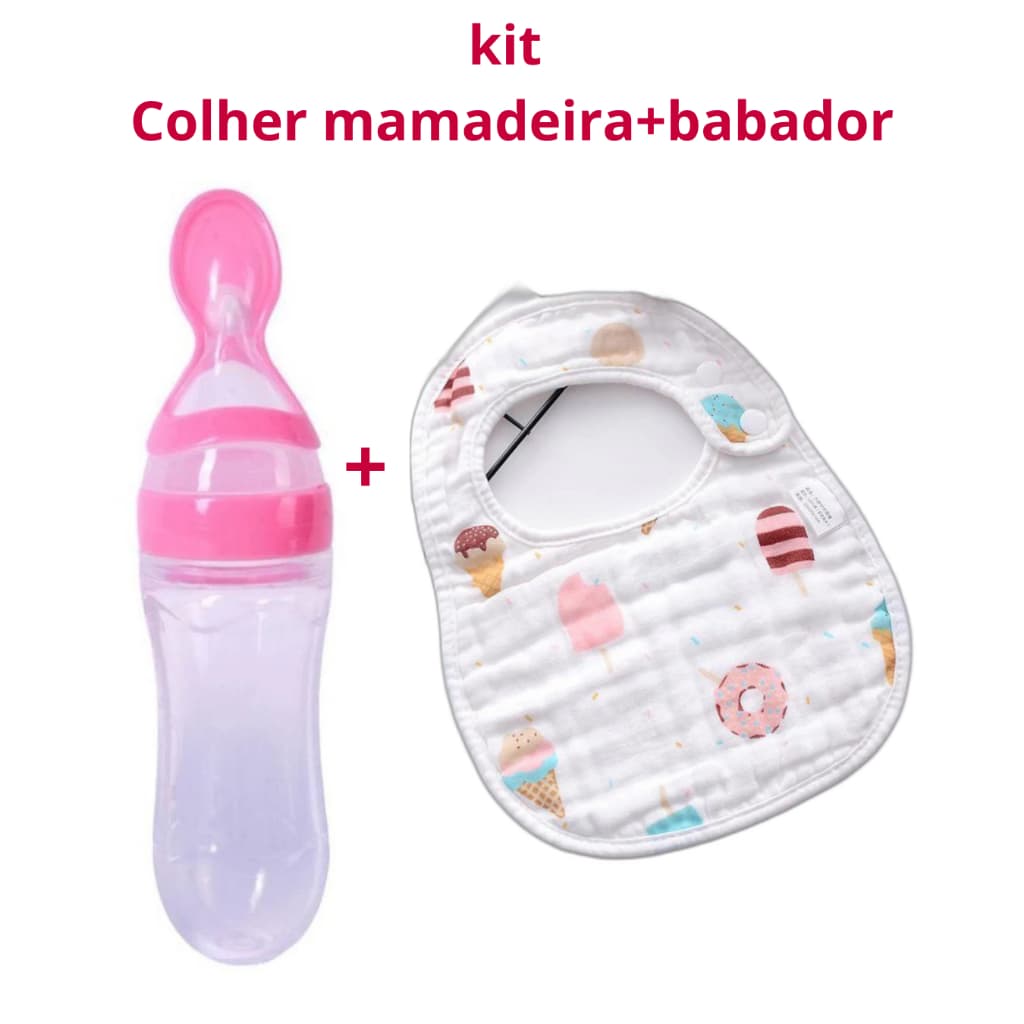 Kit Alimentação Babador em U e Mamadeira de Silicone com Colher Dosadora introdução Alimentar