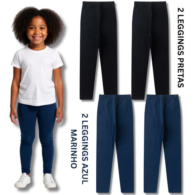 Kit Legging Escolar Lisa Preta e Azul Marinho Feminina/Menina Infantil Juvenil Calça Meia Estação
