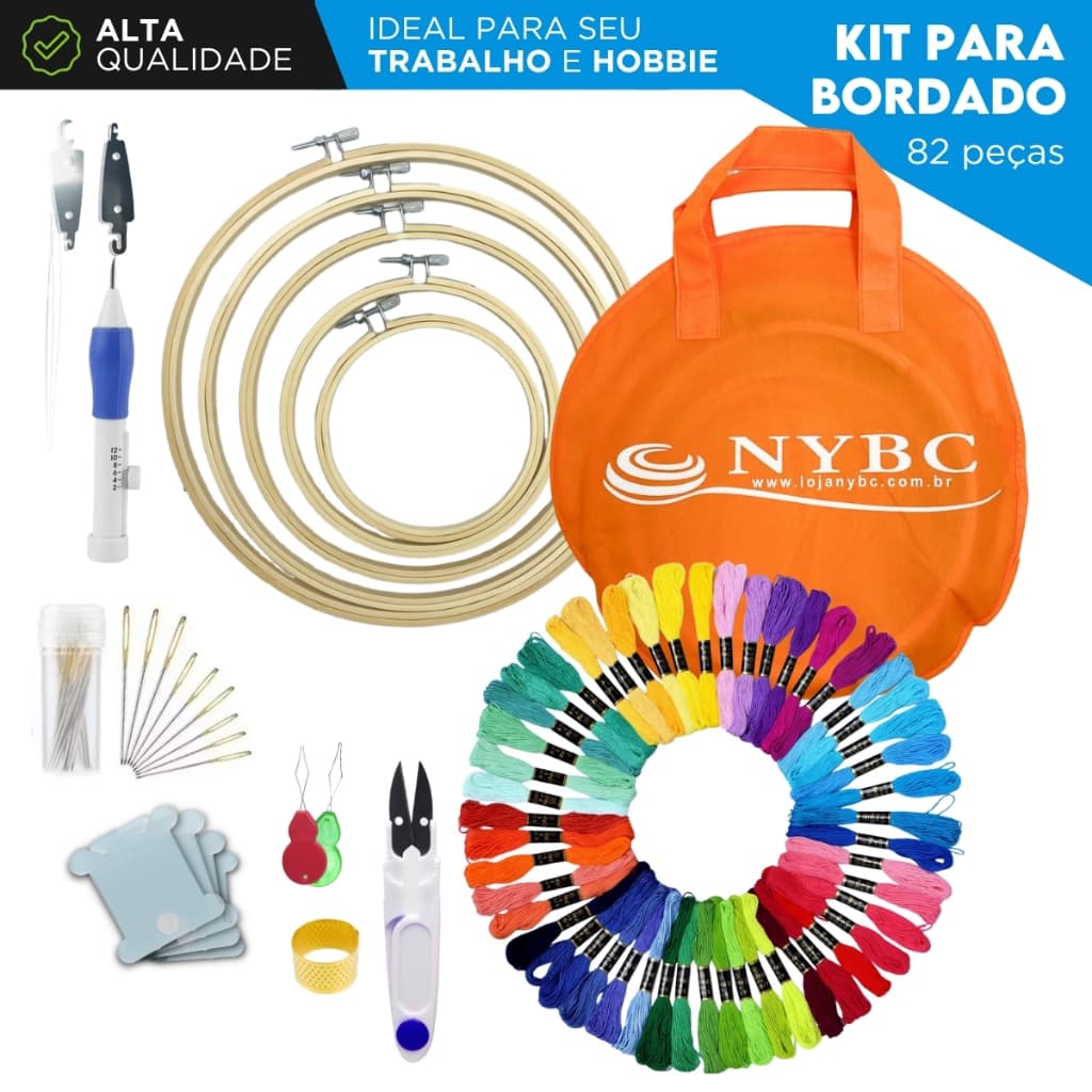 Kit Bordado Completo 82 Peças com Linhas Agulhas Bastidor Bolsa ideal Para Costura e Ponto Russo -SH