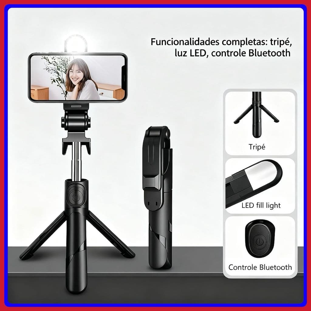Selfie Stick Tripé com Luz LED e Controle Bluetooth, Extensível - Ideal para Reels, Vlogs e Fotos