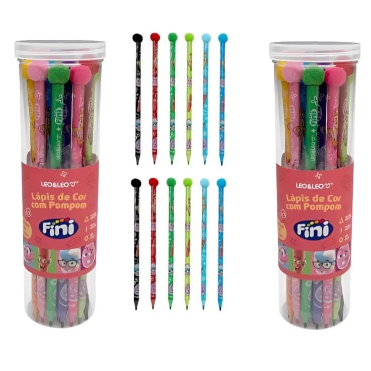 KIT LÁPIS DE COR COM POMPOM FINI, KIT COM 12 LÁPIS E ESTOJO PLASTICO