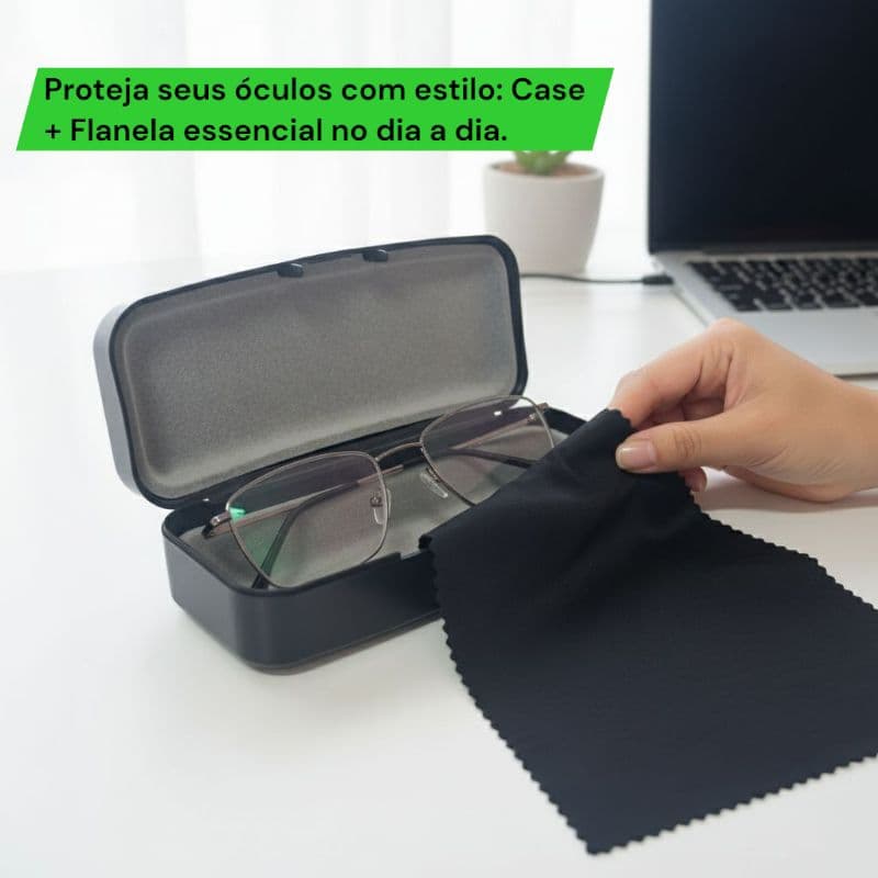 Estojo Case Para Óculos De Grau E Sol + Flanela Kit Proteção Rígido Compacto 15x6x4cm Resistente Antirisco