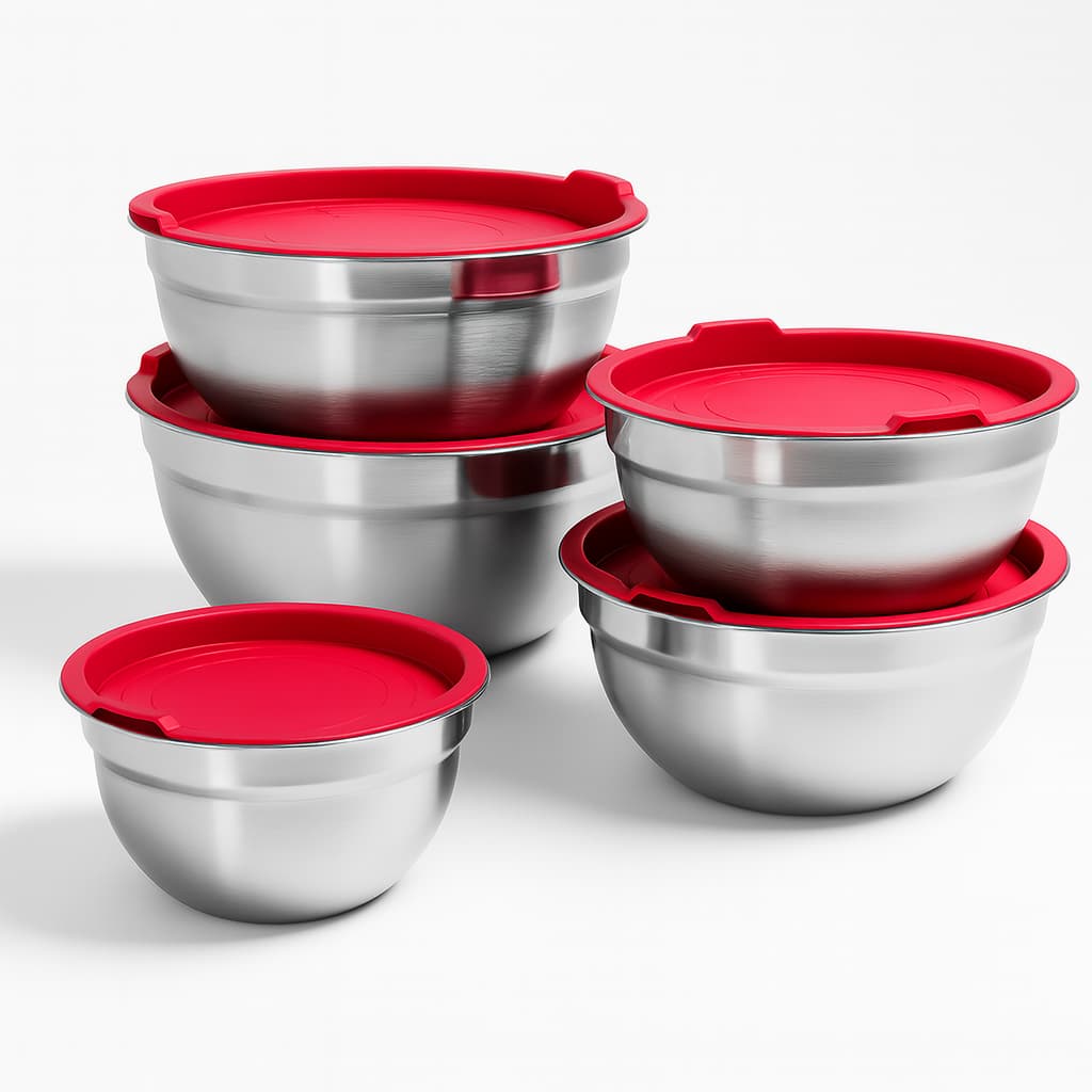 Kit Tigela 5 Bowl para Alimentos Tampa Vermelho Cozinha Louça Inox