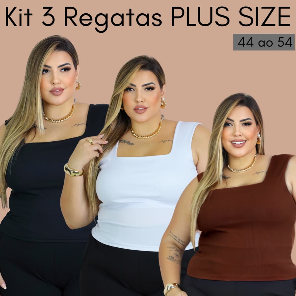 KIT 3 Blusa Regata Plus Size Social Veste 44 ao 54 Verão Chique Gola Quadrada  Plus Confy Curve