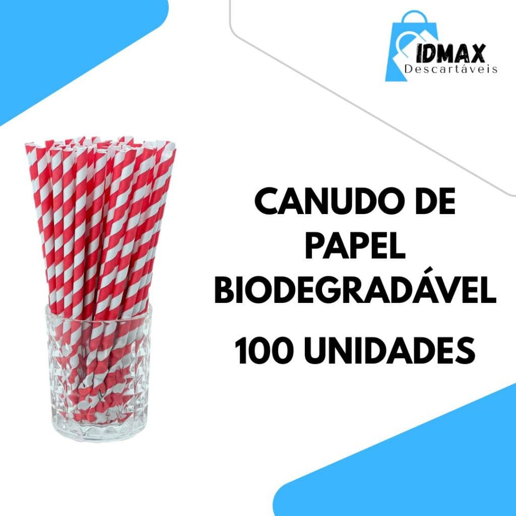 Canudos Papel Biodegradável 100und (197mmX5mm) Ecológicos - BRANCO E VERMELHO