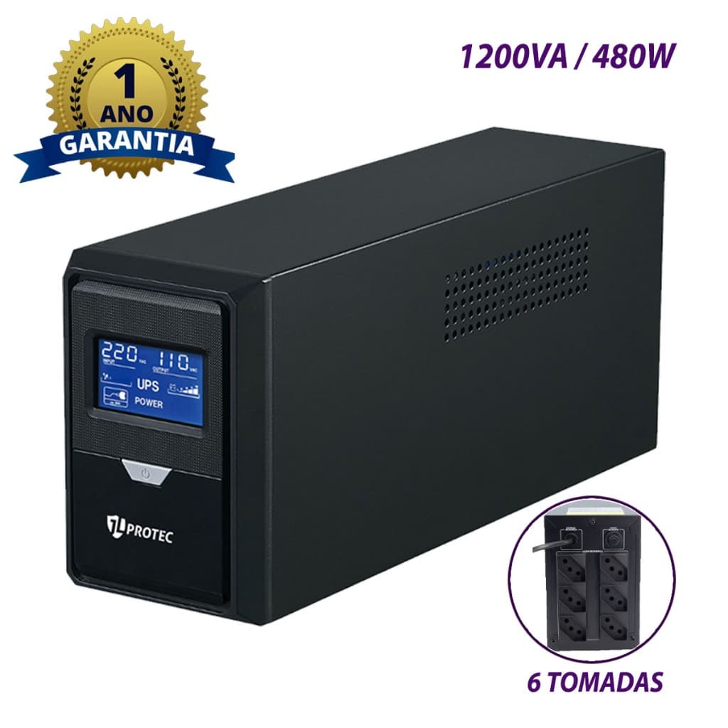 Nobreak 1200VA 480W JLPROTEC com 6 Tomadas – Escolha Voltagem: 120V, 220V ou Bivolt