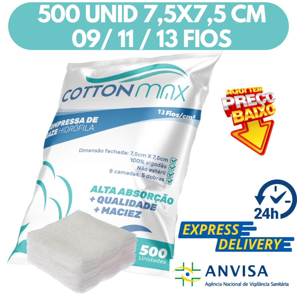 Compressa De Gaze 500 Unidades 7,5x7,5cm 13/11/9 Fios Cotton Max Hidrófila Gazes Descartável Anvisa