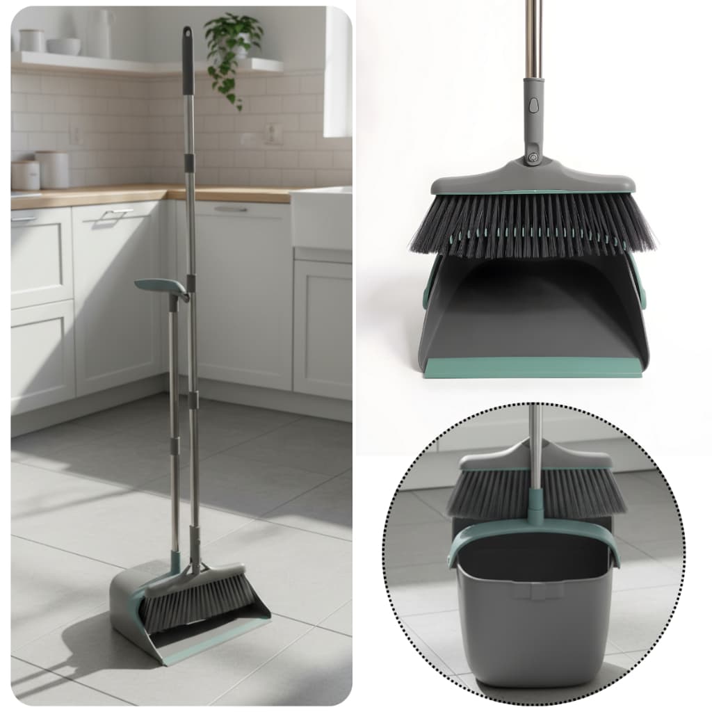 Kit Vassoura e Pá Ajustável 2in1 Com Limpa Cerdas Suporte Parede Compacto Ambientes Pequenos