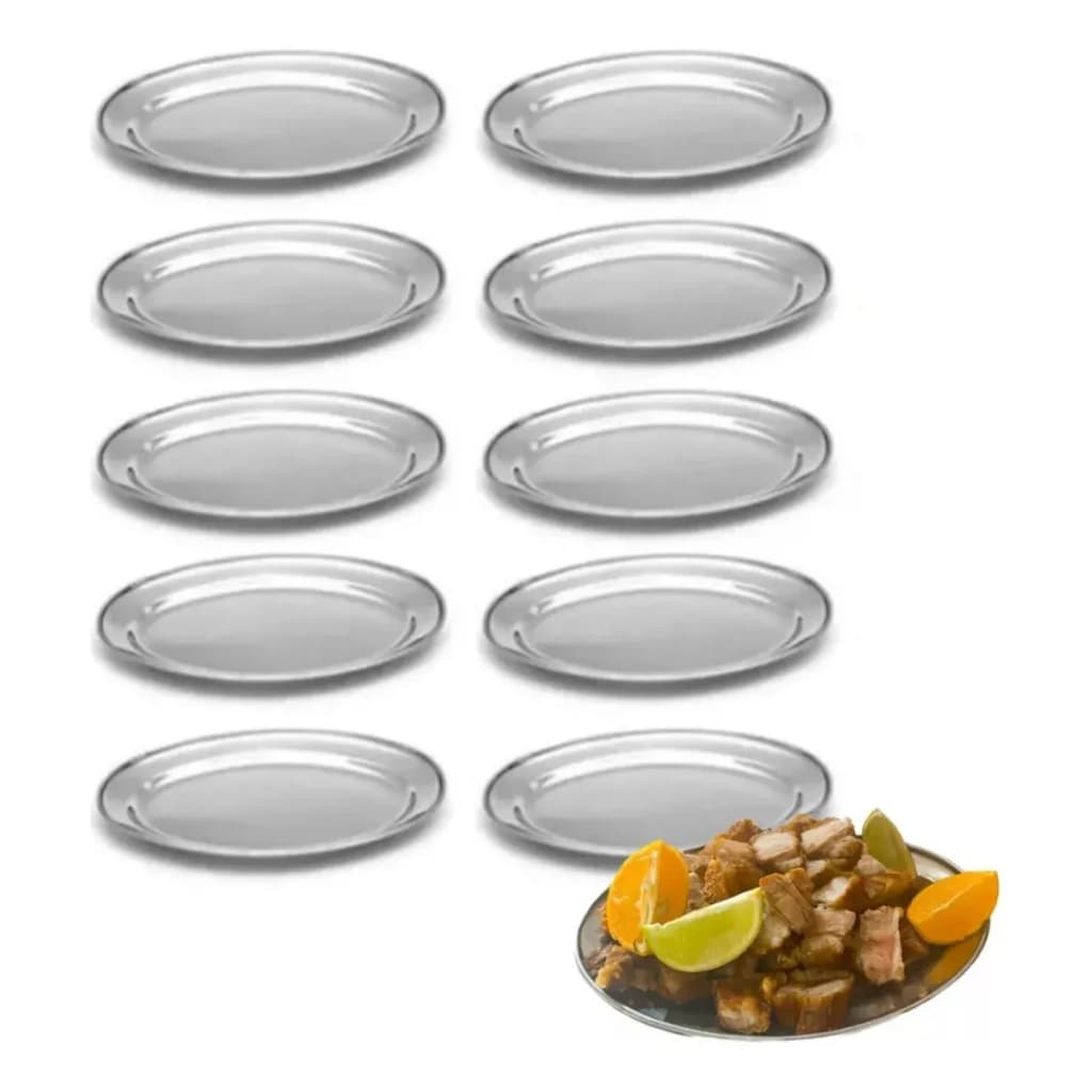 Kit 10 Bandeja Oval Travessa Inox Restaurante Porção Atacado 21 cm 25 cm 30 cm