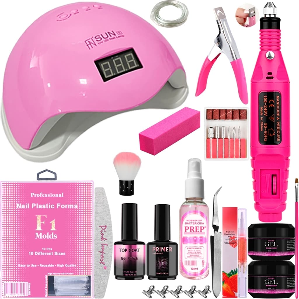 Kit Unhas de Gel Cabine Sun 5 LED UV 48w Digital Lixadeira Elétrica Caneta Tips Acrigel