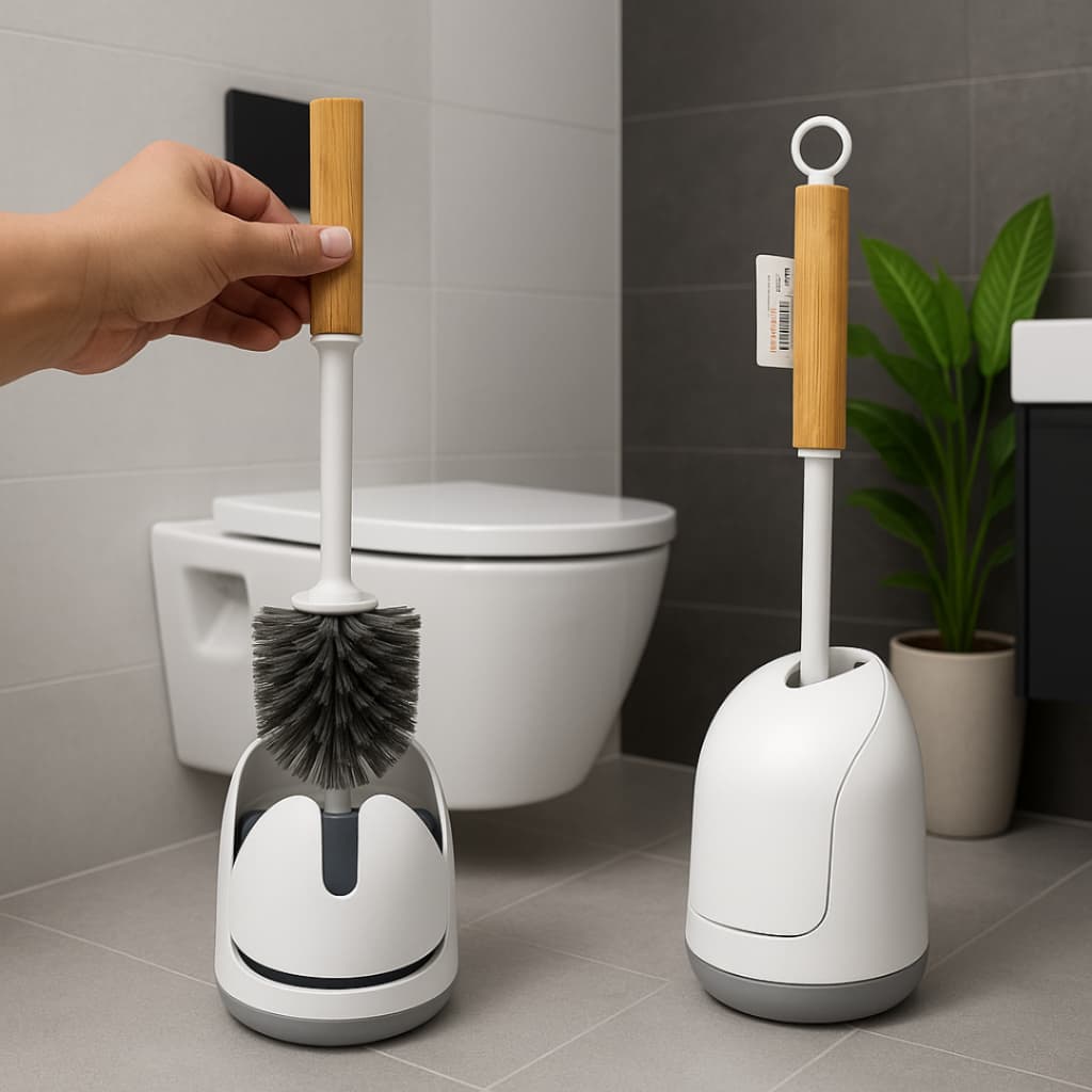 Escova Sanitária  Moderna em Silicone Com Bambu + Gancho Fixa Sem Furo