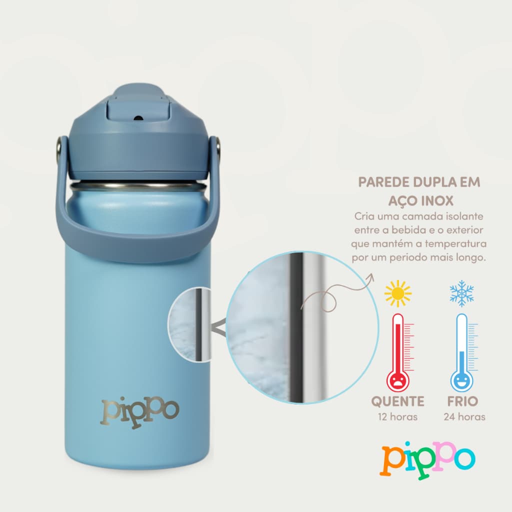 Garrafinha Térmica Infantil Parede Dupla Aço Inox com Alça Menino Menina | BPA Free | Com Trava Anti vazamento | Pippo