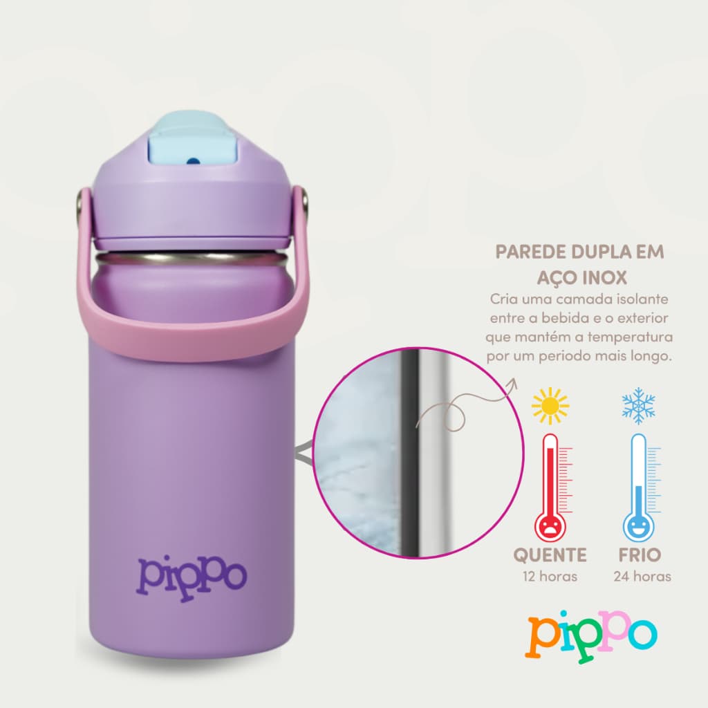 Garrafa Térmica Infantil Escolar com Parede Dupla em Aço Inox | Pippo | Bebidas Quentes e Frias | Com Trava e Alça