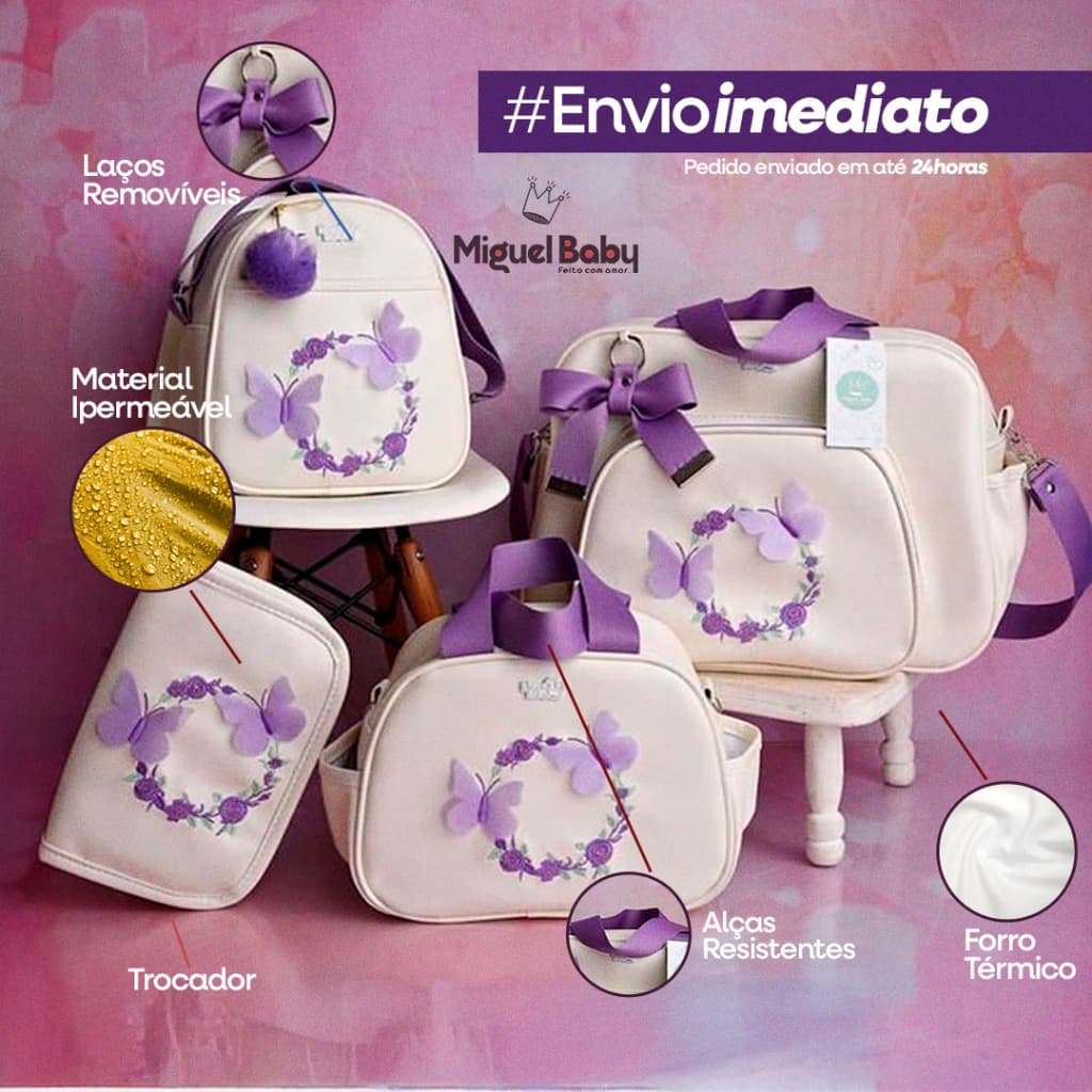 Kit bolsa Maternidade com Porta Cartão Vacina 3d borboleta Luxo 4 peças