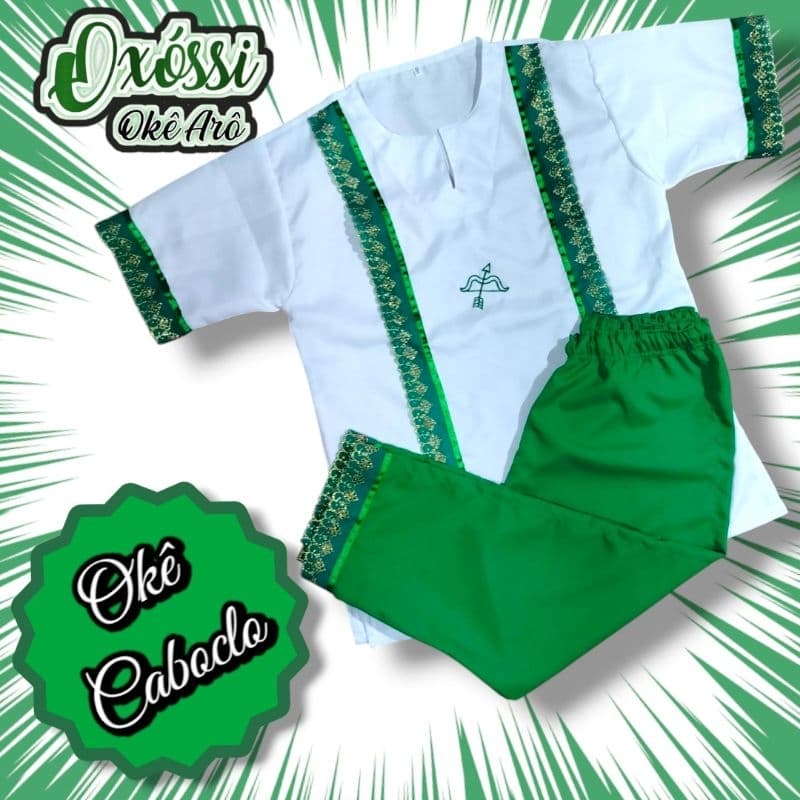 Conjunto Masculino Oxóssi Caboclo Umbanda/Candomblé/Omolokô Branco Verde Dourado