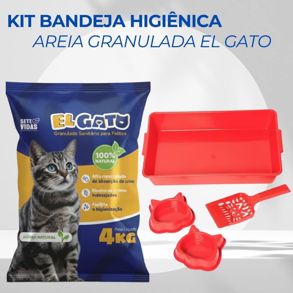 Kit Caixa de Areia 4 Peças para Gatos Higiênico Areia Granulada El Gato 4kg