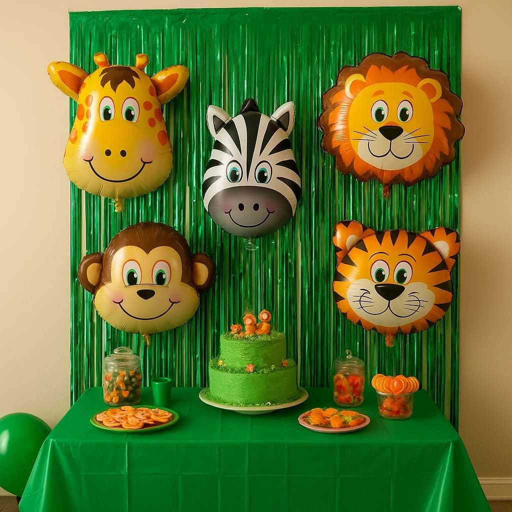 Kit Decoração Safari 35 cm c/ 1 ou 2 Cortinas Metalizadas 1x2m + 5 Balões safari, aniversários, mesversários, Eventos.
