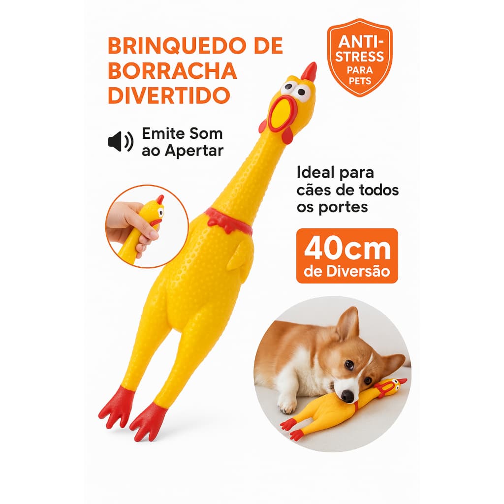 Brinquedo Galinha de Borracha 40cm com Som – Anti Stress para Cachorros de Todos os Portes
