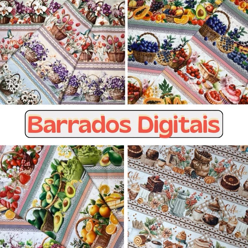 Kit 5 faixas barrados tricoline digital 100% algodão / largura 55cm x 75cm