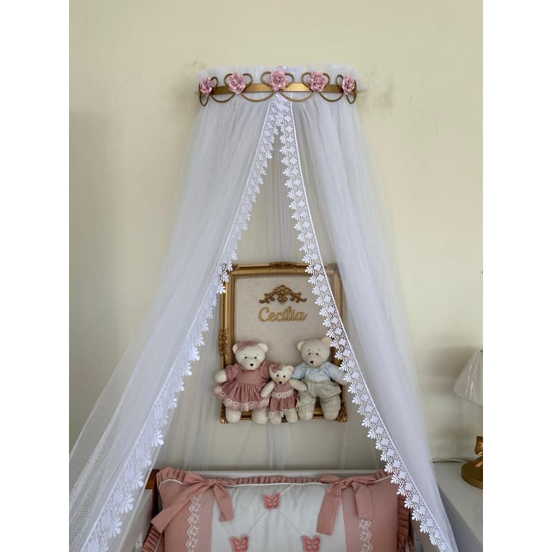 Dossel Arabesco  Dourado Flor Rosa  + Mosquiteiro  Tule Algodão