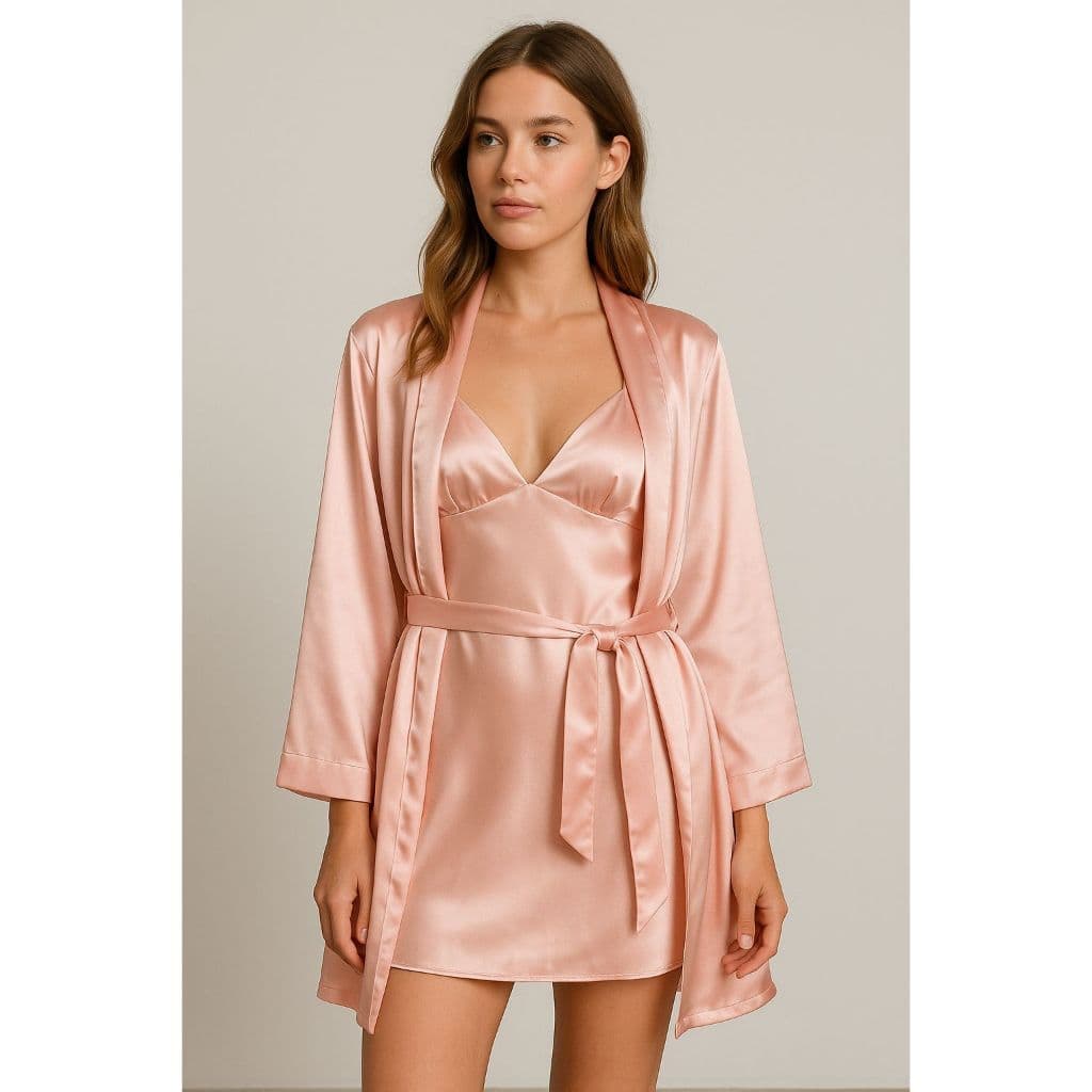 Robe Roupão Feminino Noiva Cetim Manga Comprida Conjunto Liso Casamento Debutante 2 Peças