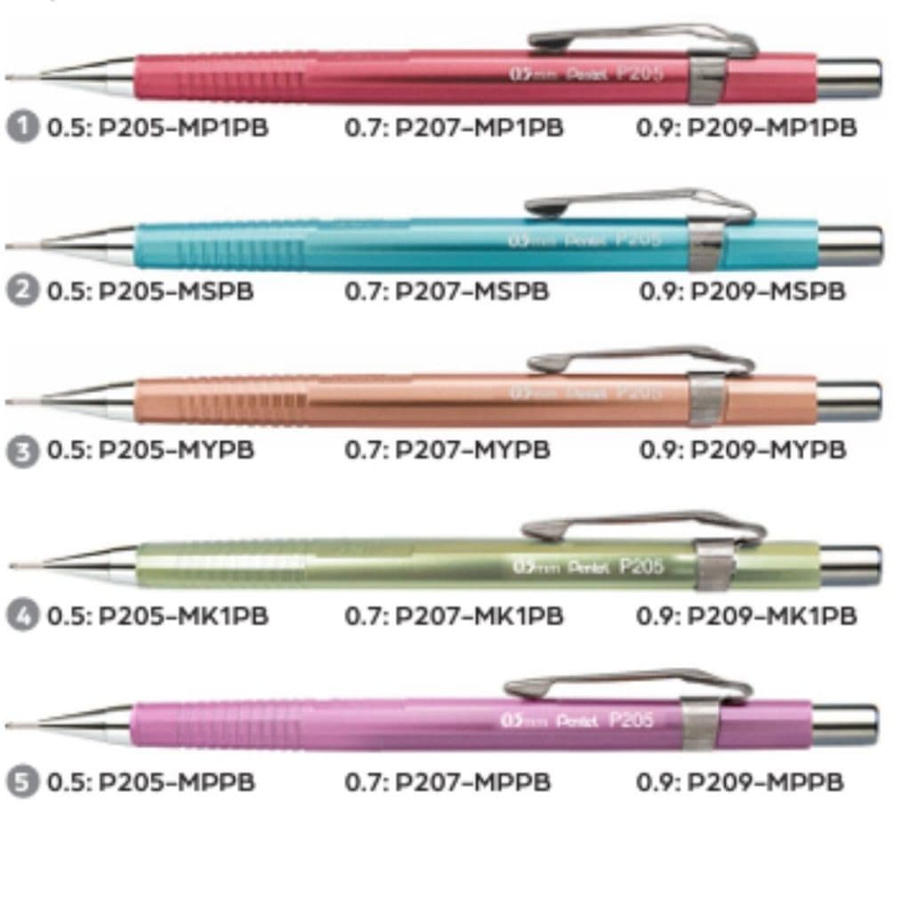 Lapiseira Técnica 0.3 0.5 0.7 0.9 Pentel Sharp, Metálica, Clena  e Cores Tradicionais Japonesas P200