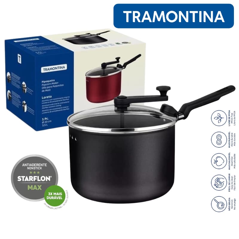 Pipoqueira Tramontina 3,5 Litros Loreto Revestimento Starflon Com tampa de vidro Tenperado Pipoca