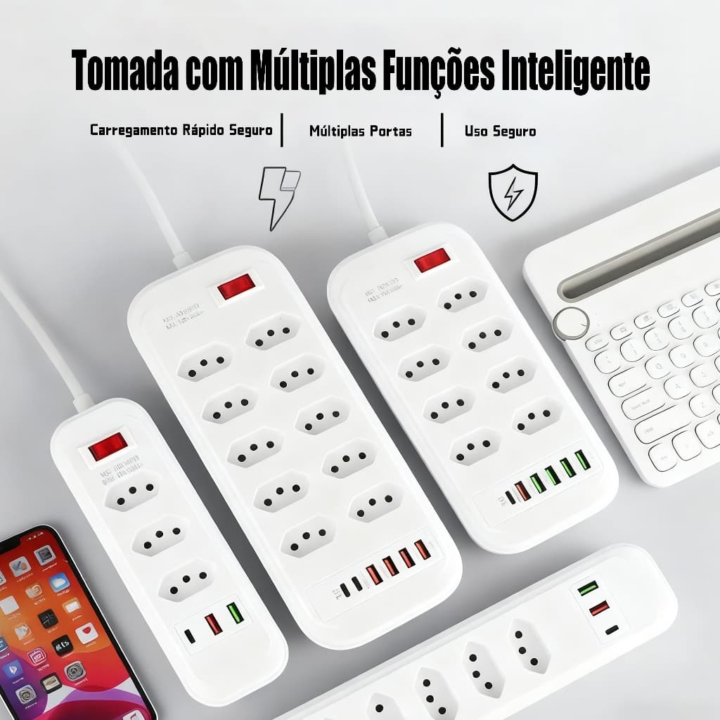 Extensão 3/4/5/6/8/10 Tomadas com Porta USB Tipo-C Régua Extensão Filtro de Linha 2 Metros Bivolt 