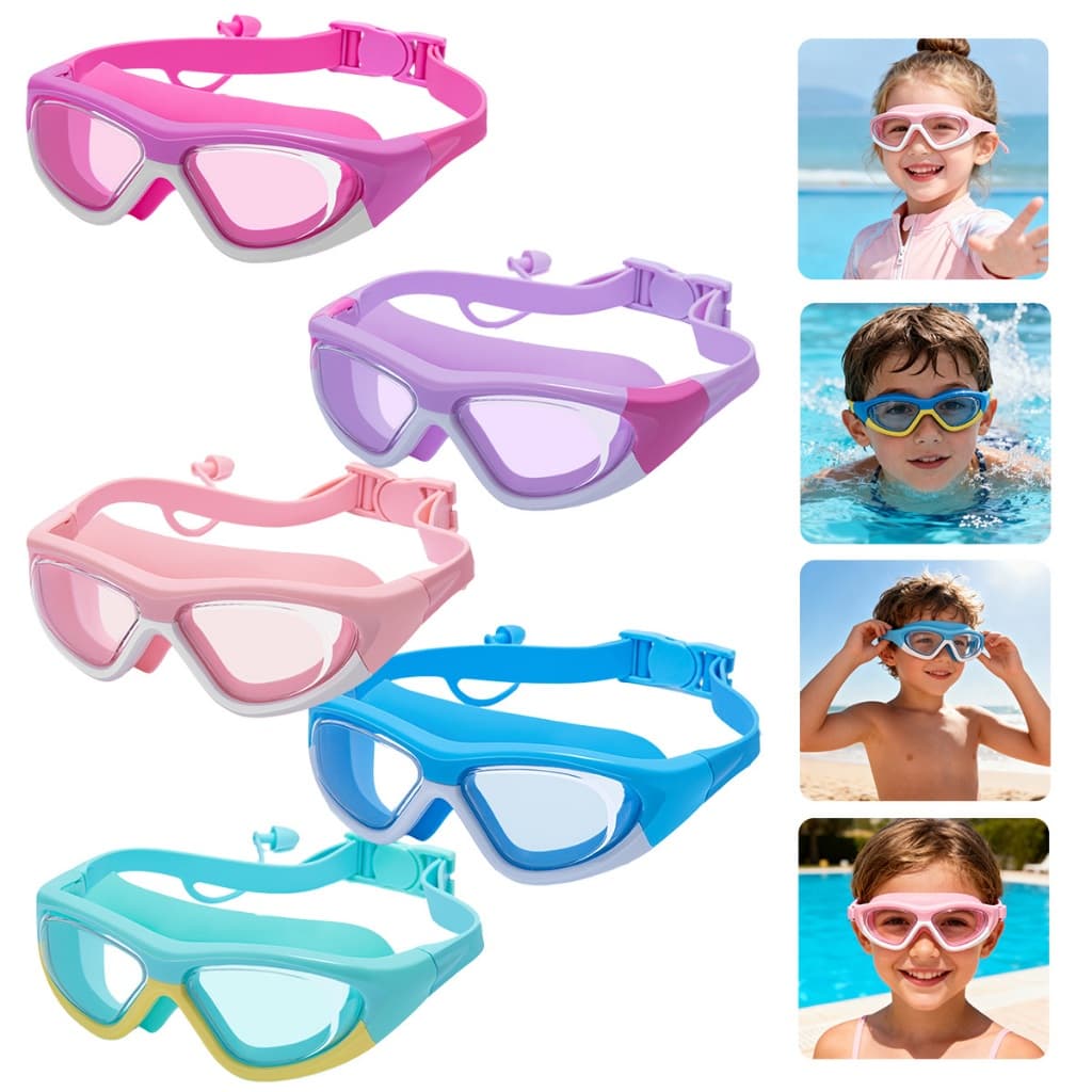 Óculos de Natação Infantil com Protetor de Orelha Ajustável, Antiembaçante, Lente HD, À Prova d’Água