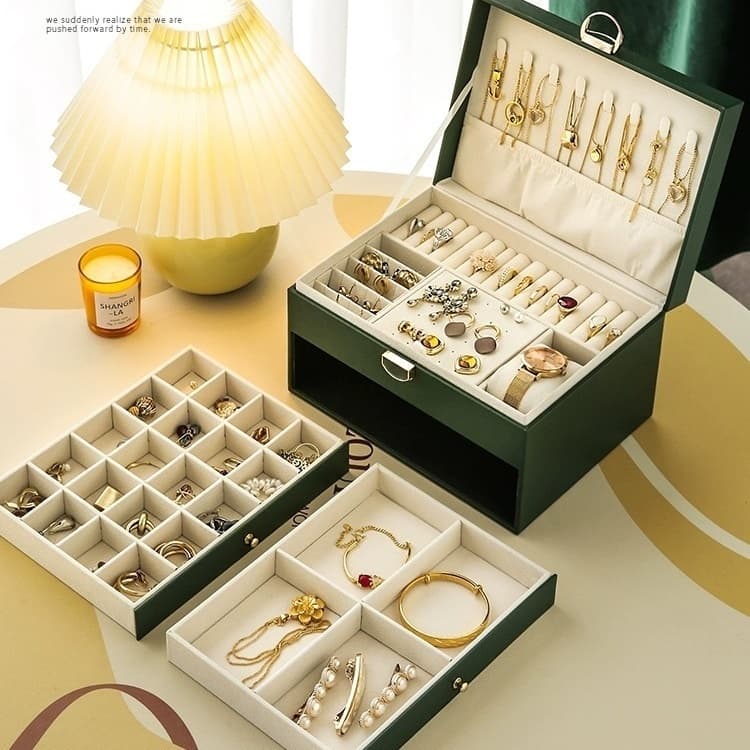 Caixa de Joias de 3 Camadas, Caixa de Armazenamento de Joias de Couro PU Preto Com 2 Gavetas Segura para Quarto Q19