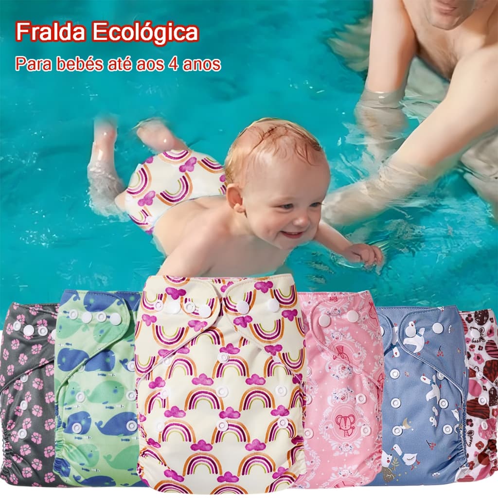 Fralda Com Absorventes de Natação Infantil Reutilizável Ajustável com Botões Impermeável para Bebês