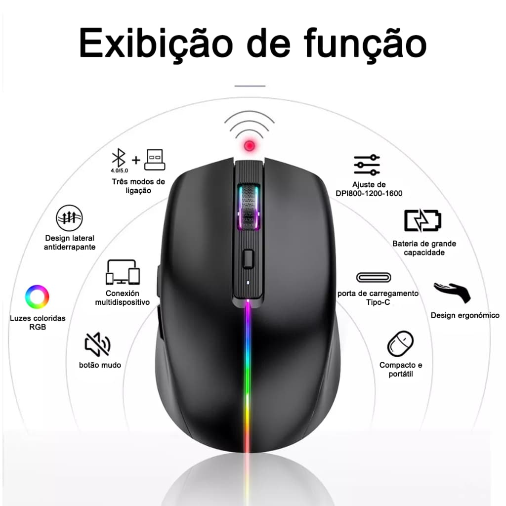 Mouse Bluetooth sem fio de três modos com bateria de 500 mAh, clique silencioso e recursos de suspensão inteligente